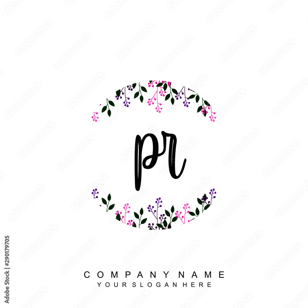 letter PR surrounded by beautiful and elegant flowers and leaves ...