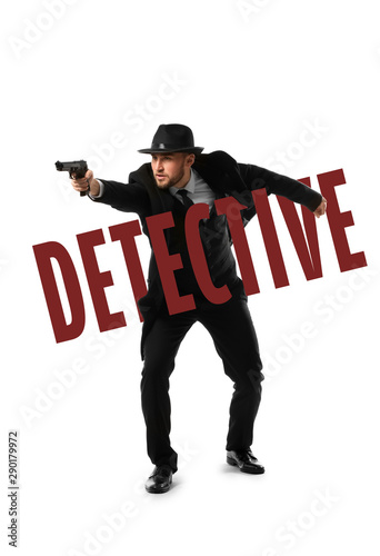 Detective with gun on white...