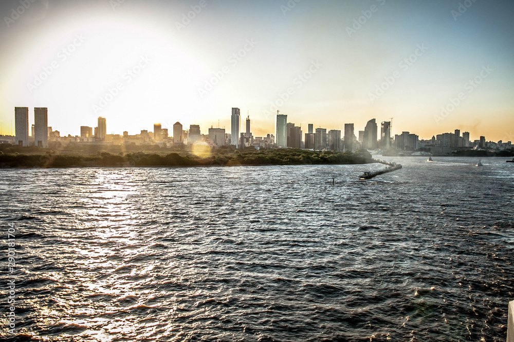 Beautiful landscape of Buenos Aires city skyline at sunset seen from Mar del Plata