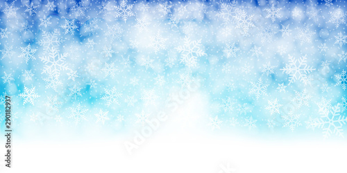 Christmas banner. Background xmas design of white snowflakes, Horizontal christmas background, greeting cards, website, blank space for text.