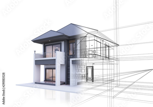 Fototapeta Naklejka Na Ścianę i Meble -  3D illustration, architecture, house blended with line drawings. Referring to the formation