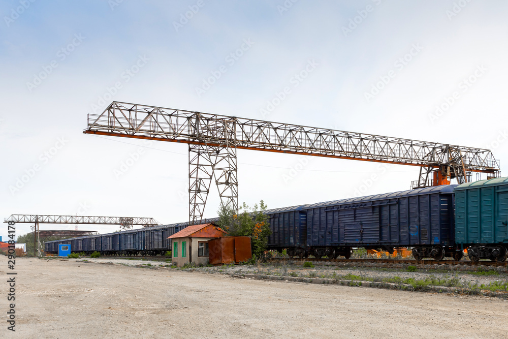 Obraz premium Large metal gantry cranes at a on the railway platform, standing on freight wagons for storing goods. Type of bearing metal structures of gantry crane against the blue sky