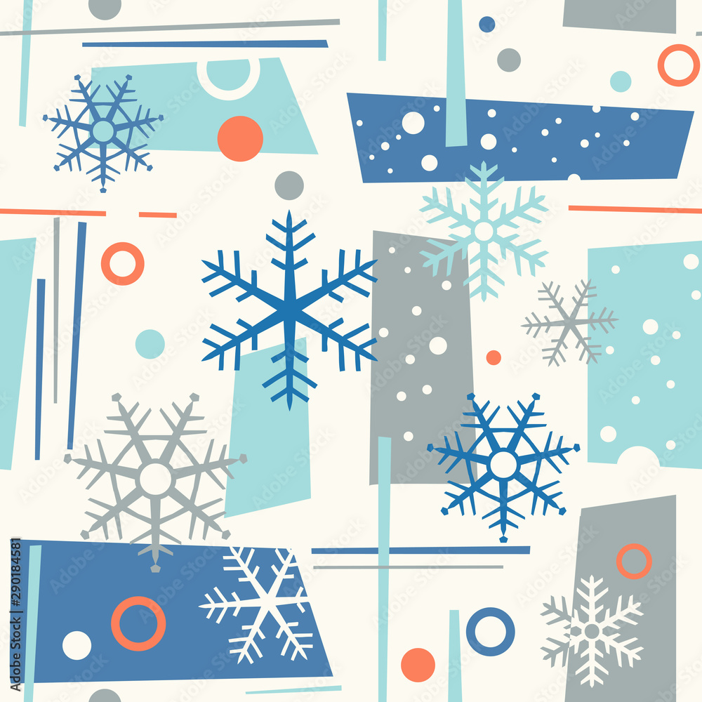 seamless mid century modern winter pattern with snowflakes and geometric shapes. Cheerful retro design for fabric, wallpaper, backgrounds and decor.Print