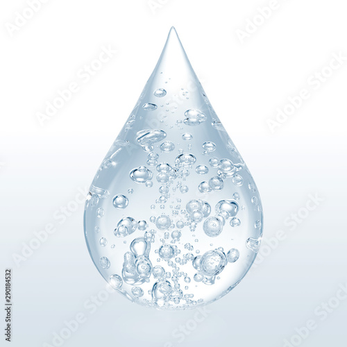 drop of blue water with bubble inside isolated on white background
