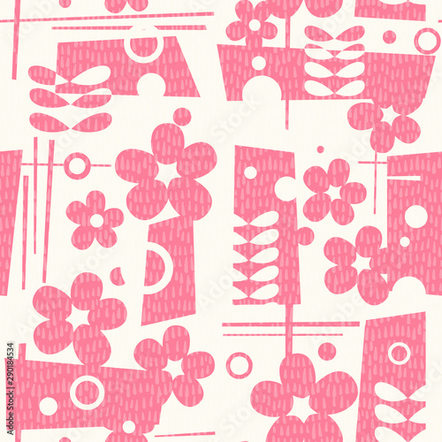 seamless mid century modern Spring pattern with flowers and geometric shapes Cheerful retro design for fabric, wallpaper, backgrounds and decor.