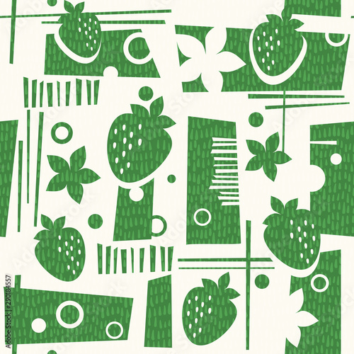 seamless mid century modern Summer pattern with strawberries and geometric shapes. Cheerful retro design for fabric, wallpaper, backgrounds and decor.