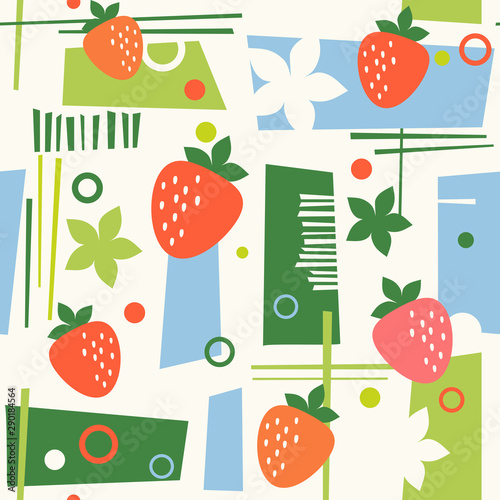 seamless mid century modern Summer pattern with strawberries and geometric shapes. Cheerful retro design for fabric, wallpaper, backgrounds and decor.