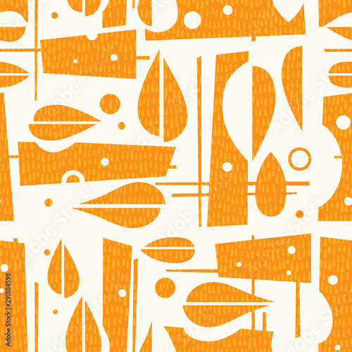 seamless mid century modern autumn pattern with leaves and geometric shapes. Cheerful retro design for fabric, wallpaper, backgrounds and decor.