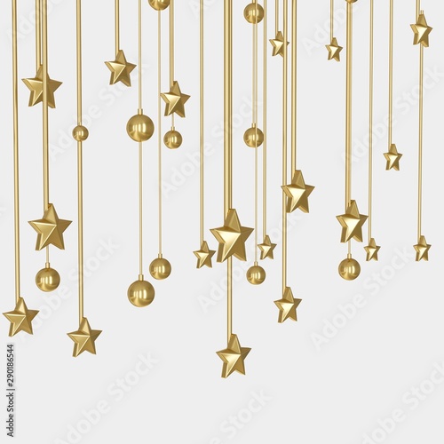 Golden festive decorative hanging metal stars and balls isolated in white background. © Jiva Core