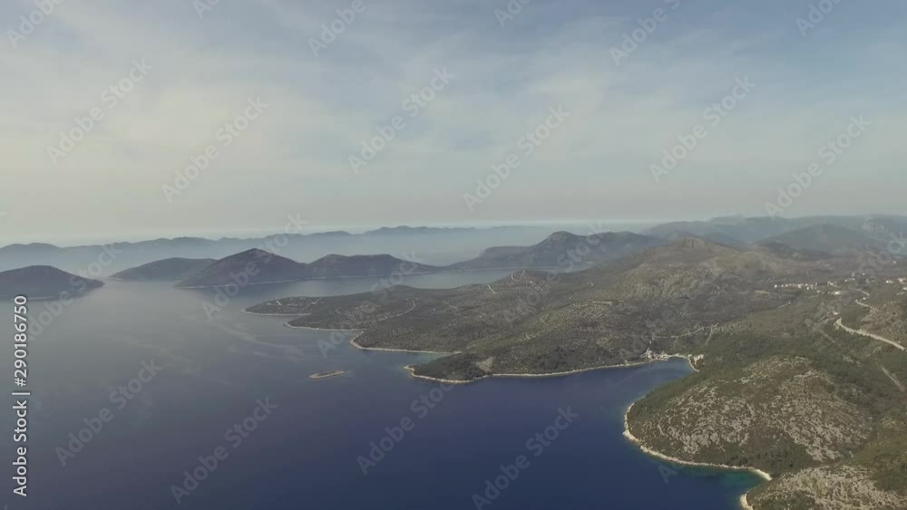 Flight over desert islands and colorful sea, Brijuni park, Croatia Flight over desert islands and colorful sea, Brijuni park, Croatia
