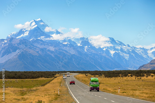 View of tourist driving car on the road leading to Mount Cook, New Zealand © Lab_Photo