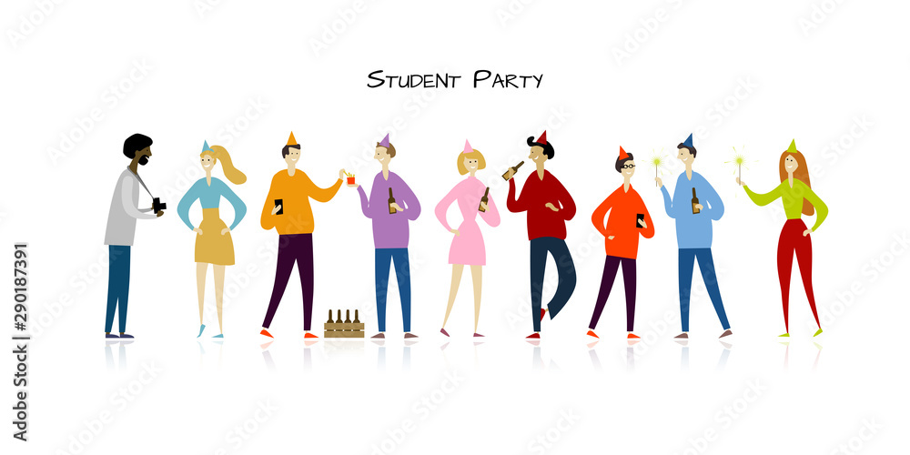 Student party with friends. Funny people characters