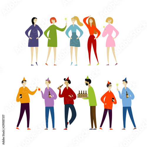 Student party with friends, boys and girls. Funny people characters