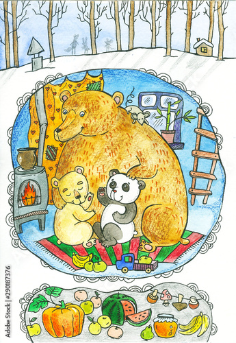 bears and Panda in the den, bears winter in the den. Watercolor illustration with bears, winter card photo