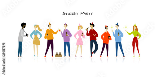 Student party with friends. Funny people characters