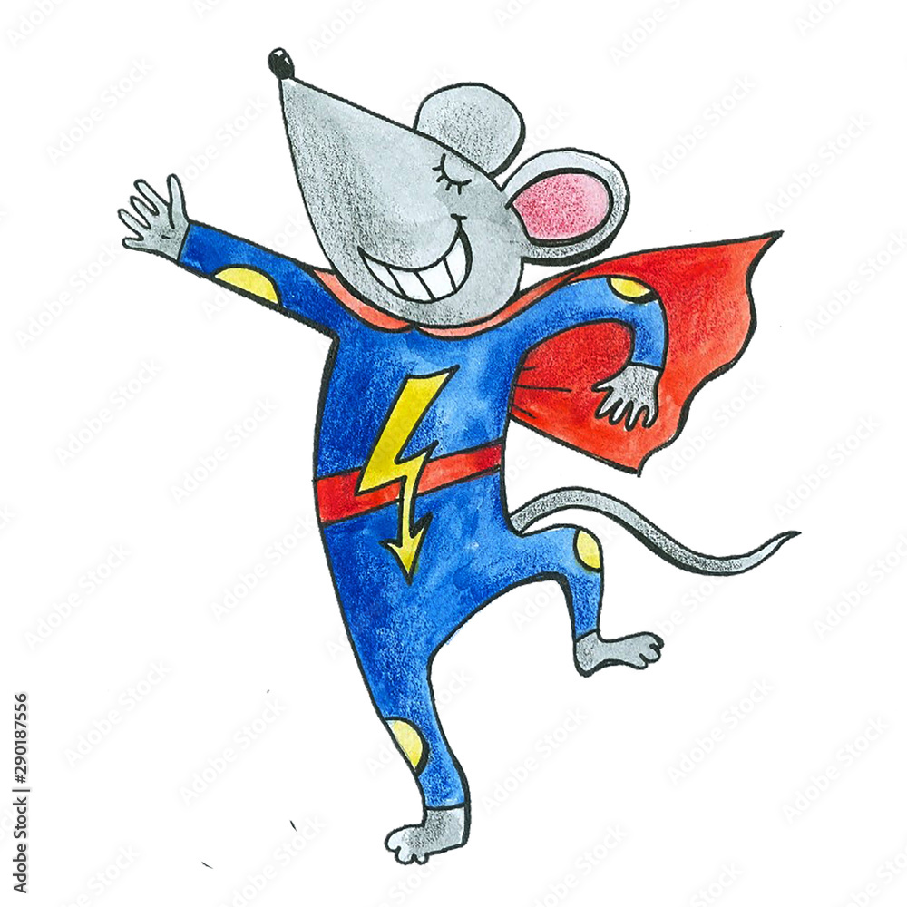 Obraz premium Mouse in Superman costume, watercolor illustration with mouse