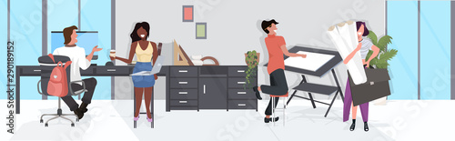 architectors team working together designer using adjustable board mix race colleagues discussing during meeting modern office draftsman studio interior flat full length horizontal