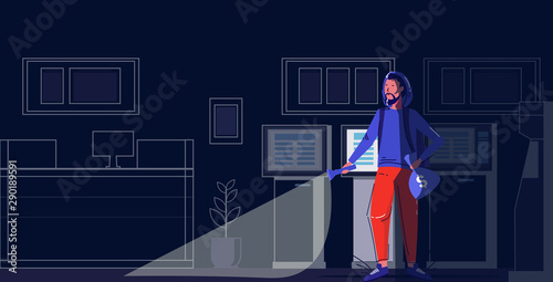 criminal character holding money bags robber using flashlight stealing theft concept modern night bank interior full length sketch horizontal