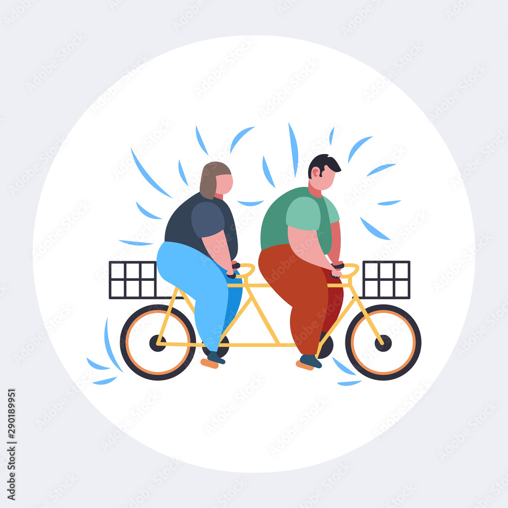 fat obese couple riding tandem bicycle overweight man woman cycling twin bike weight loss concept flat full length Stock Vector Adobe Stock