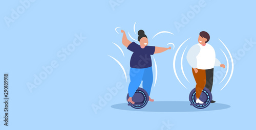 fat obese man woman riding self balancing scooter couple standing on electric gyroscooter personal electrical transport obesity concept people having fun horizontal full length