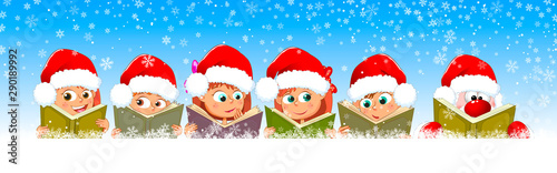 Children and Santa read books for Christmas. Little children read books. Children and Santa with books on a background of winter, on a background of snowflakes