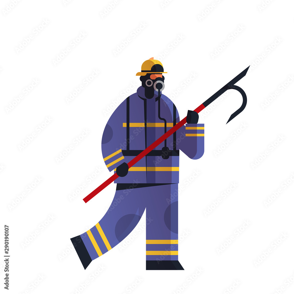 Fototapeta premium brave fireman holding scrap firefighter wearing uniform firefighting emergency service extinguishing fire concept flat white background full length