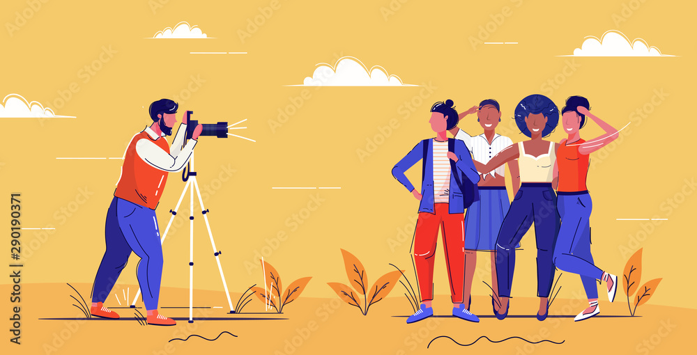 Obraz premium professional male photographer using digital dslr camera on tripod shooting mix race girls posing together for photo fashion shoot concept full length horizontal sketch