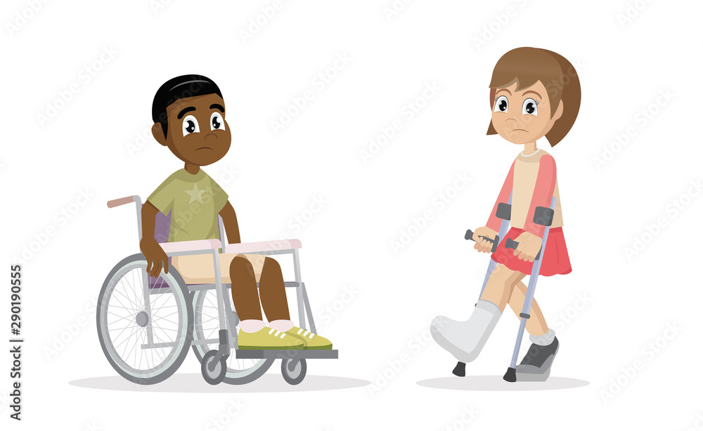 African Boy sitting on a wheelchair and Girl with broken leg. African Boy sitting on a wheelchair and Girl with broken leg.