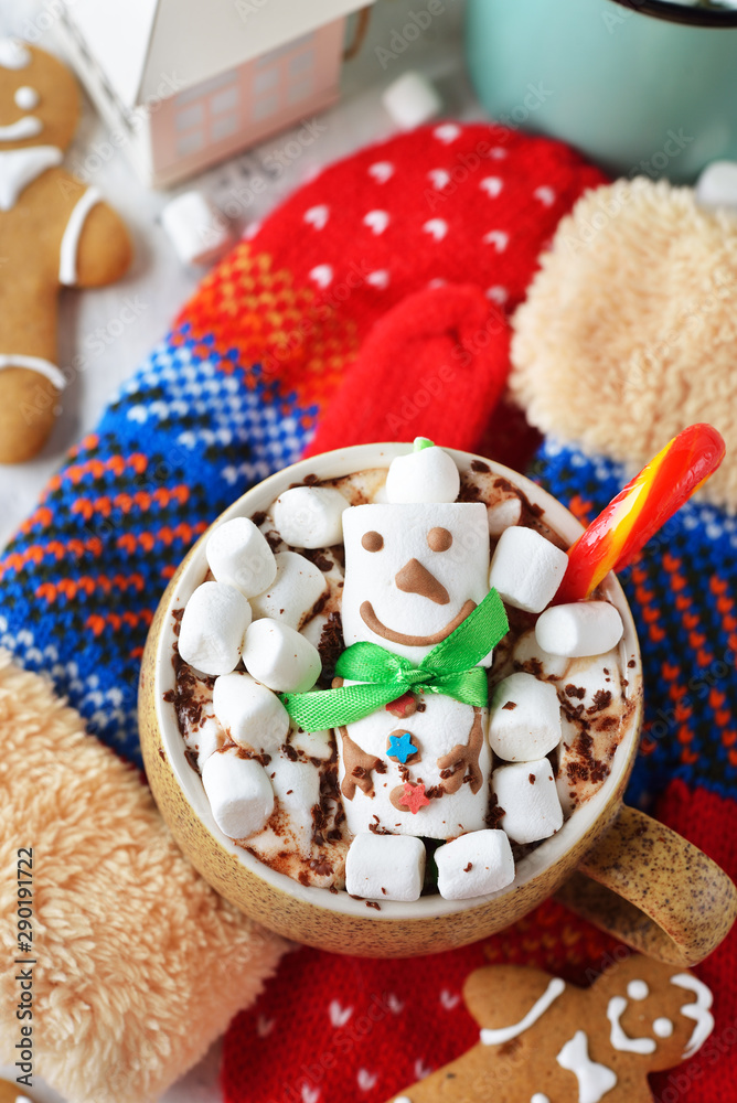 Cup of hot chocolate decorated with marshmallows
