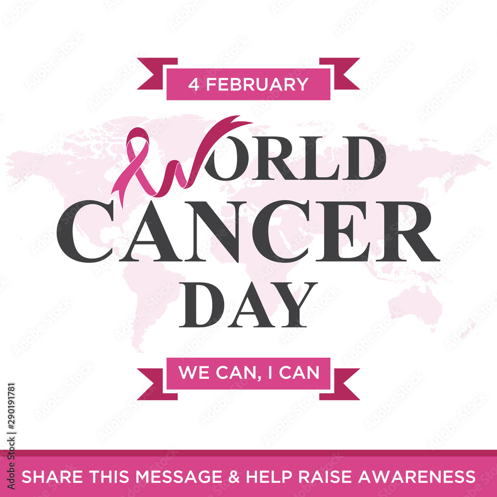 World cancer day lettering element design with purple color ribbon on white background