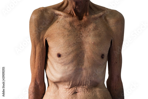 Fotografie old man Skinny torso in a white background. Copy space