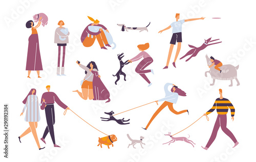 Pet owners set. Happy young people hugs, plays, runs with domestic animals. Collection of funny cartoon characters cuddling, walking with dogs, cats isolated on white. Vector illustration EPS 10