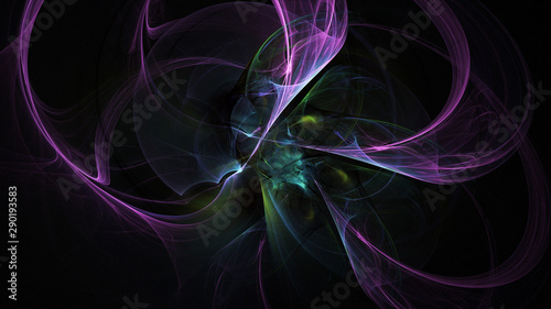Abstract transparent rose and green crystal shapes. Fantasy light background. Digital fractal art. 3d rendering.