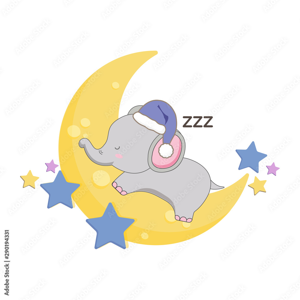 Obraz premium Little elephant sleeping on the moon.