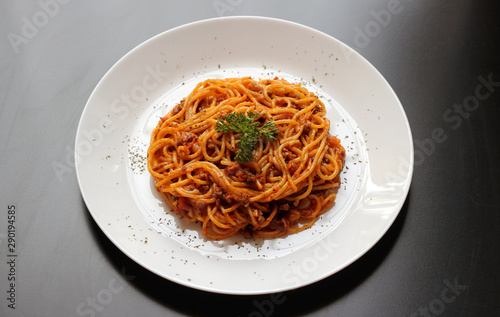 Delicious Spicy Spaghetti - Top View and Close Up - Home Made