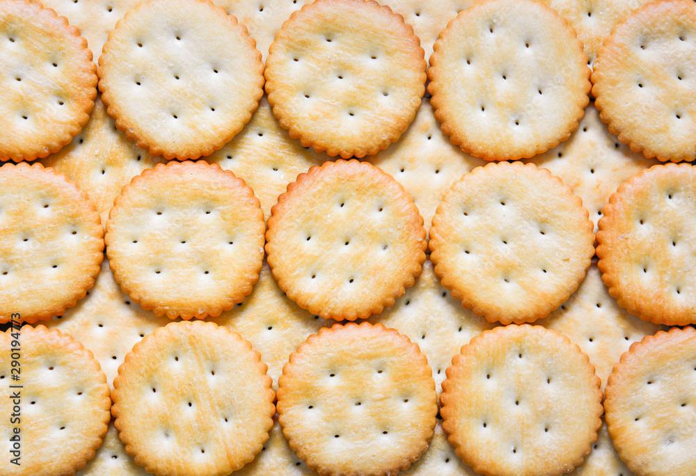 top view stack of round cheese cracker cookies with sugar texture for background