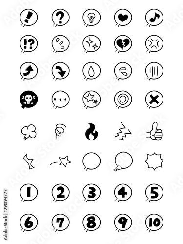 手書き風の感情や数字のアイコン吹き出しつき　モノクロ　ベタ塗り