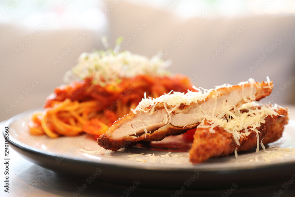 Spaghetti bolognese tomato sauce with fried chicken , Spaghetti bolognese tomato sauce with fried chicken ,