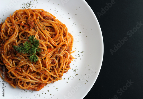 Delicious Spicy Spaghetti - Top View and Close Up - Home Made