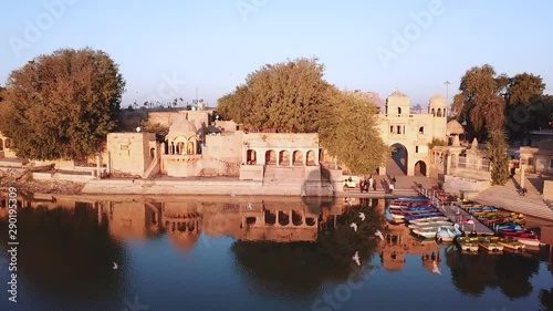 Aerial view 4k video by drone of Shrines And Temples At Gad sisar Lake, Jaisalmer, India - Rajasthan. photo