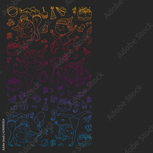 Vector pattern with kindergarten, toy children. Happy children illustration. gradient drawing on blackboard.