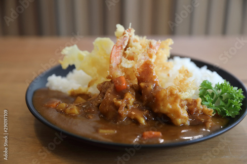 Japanese curry rice with fried shrimp tempura Japanese food