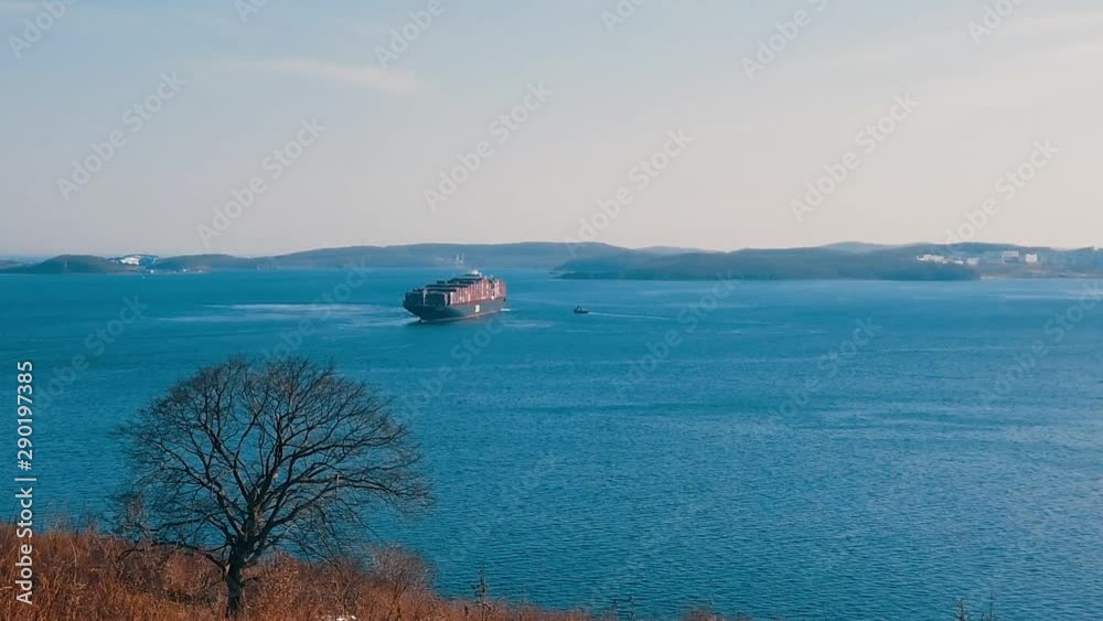 Seascape with a ship on the horizon. Vladivostok, Russia Seascape with a ship on the horizon. Vladivostok, Russia