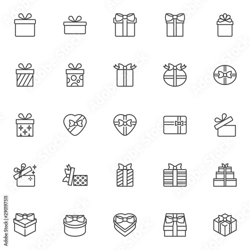 Gift box line icons set. linear style symbols collection, outline signs pack. vector graphics. Set includes icons as round gift box with bow, heart shaped box, wrapped surprise box