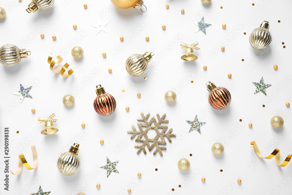 Flat lay composition with Christmas decorations on white background Flat lay composition with Christmas decorations on white background