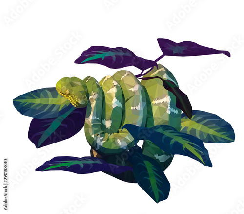 Low poly triangular snake in the leaves on white background. Polygonal style trendy modern logo design. Suitable for printing on a t-shirt.