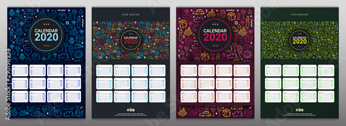 Set of Kids Calendars 2020 with hand draw doodle background.