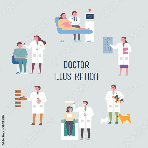 Doctors who treat different parts of patients. flat design style minimal vector illustration.