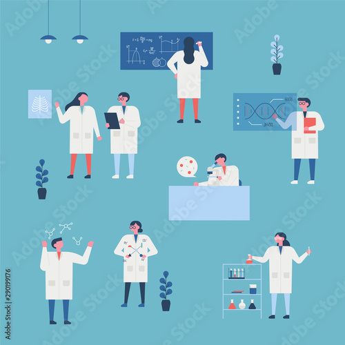 Researchers doing various experiments in the lab. flat design style minimal vector illustration.