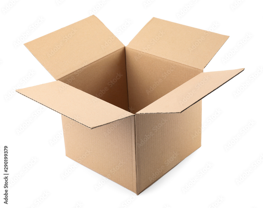 Open cardboard box on white background. Mockup for design Open cardboard box on white background. Mockup for design